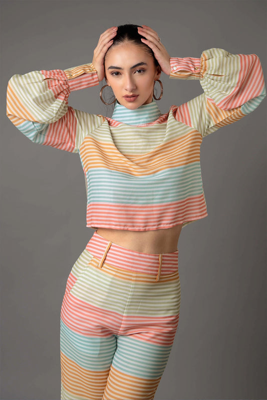 Stripes High Neck Flounce Sleeve Co-Ord Set For Women