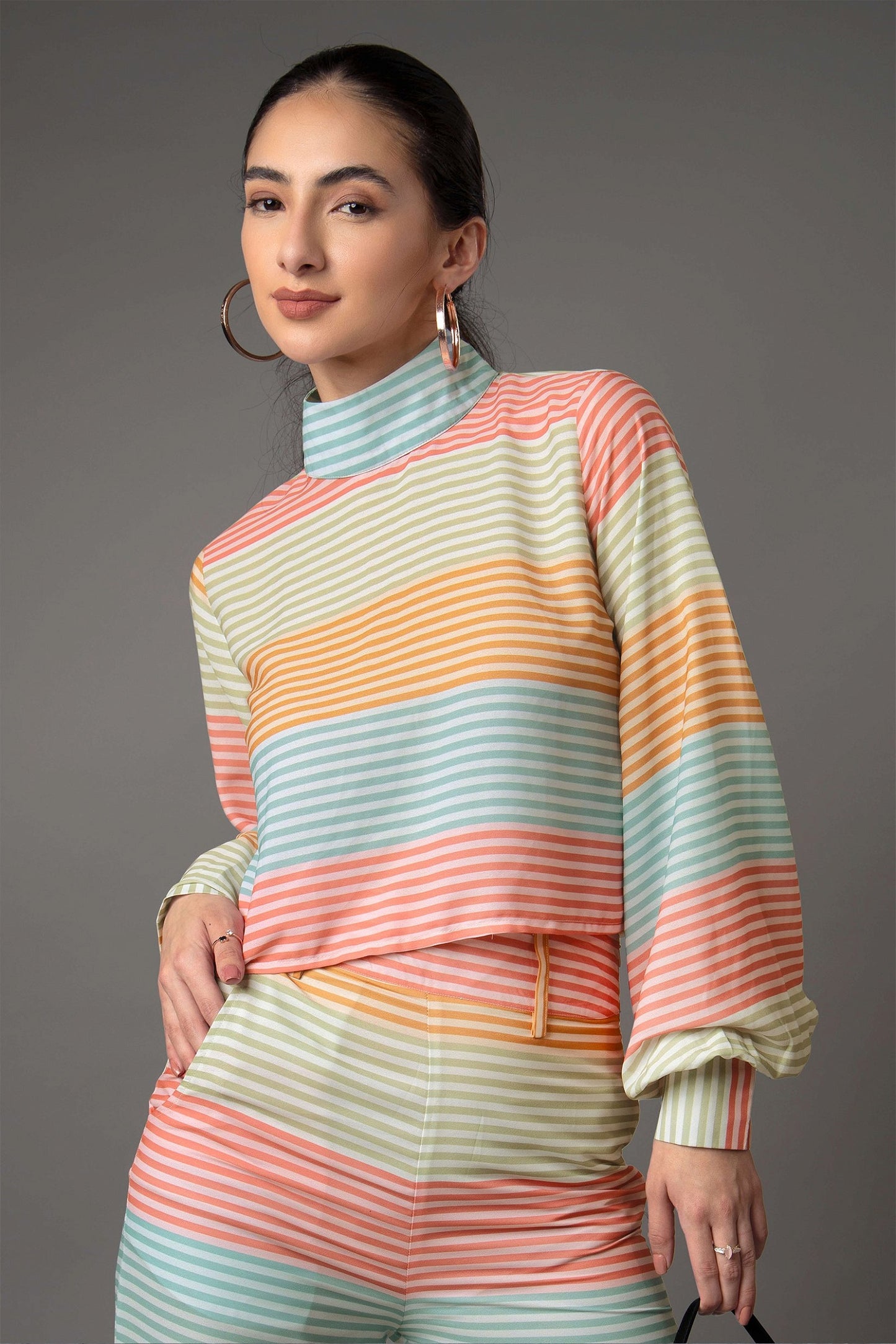 Stripes High Neck Flounce Sleeve Co-Ord Set For Women