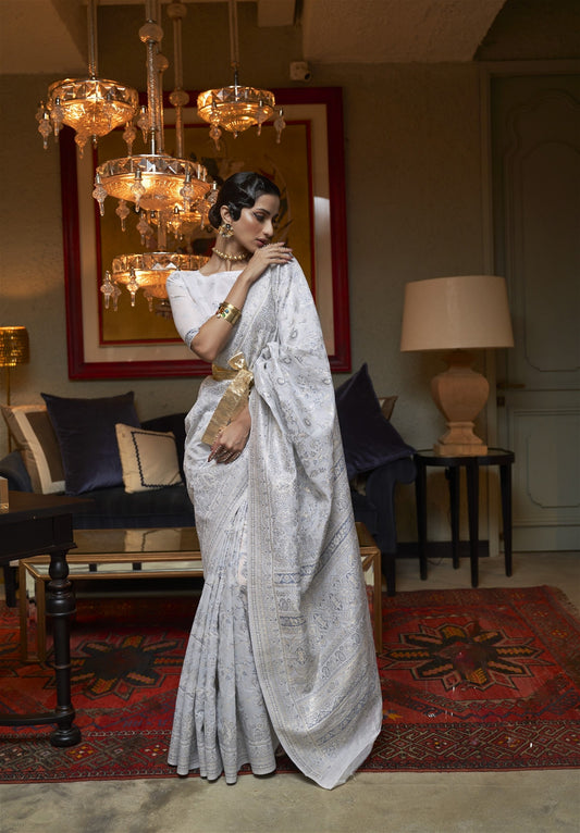 Light Gray Kashmiri Silk Saree With Handloom Weaving