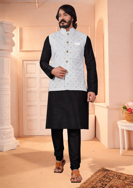 White Colour Mirror Work Modi Jacket With Kurta Pajama