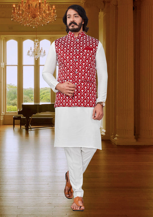 Red Colour Mirror Work Modi Jacket With Kurta Pajama