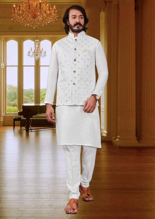 White Colour Mirror Work Modi Jacket With Kurta Pajama