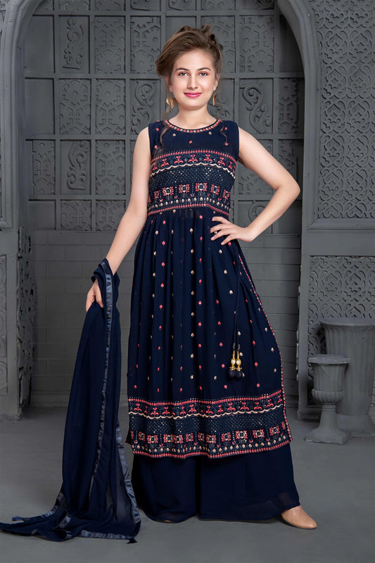 Navy Blue Color Wedding Designer Georgette Naira cut salwar suit For Kids/Girls