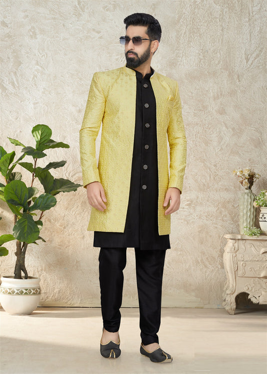 Yellow And Black Colour Festival Wear Mens Indowestern