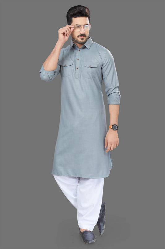 Gray Colour Casual Wear Mens Pathani Kurta Pajama