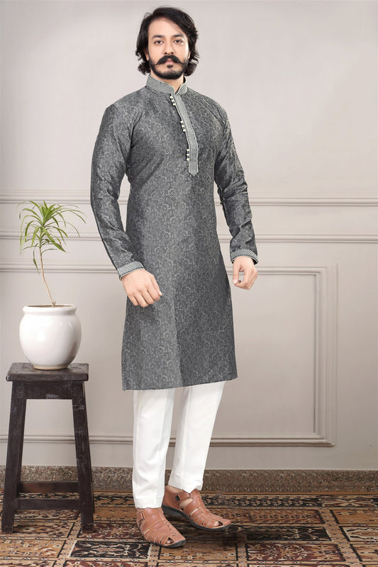 Grey Colour Designer Kurta With Pajama For Mens