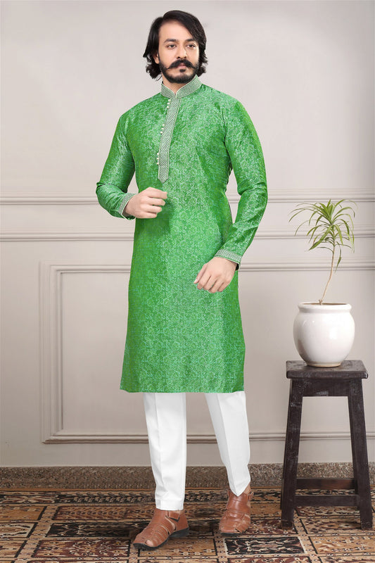 Parrot Green Colour Designer Kurta With Pajama For Mens