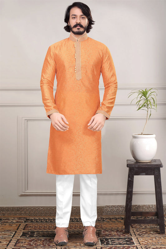 Orange Colour Designer Kurta With Pajama For Mens