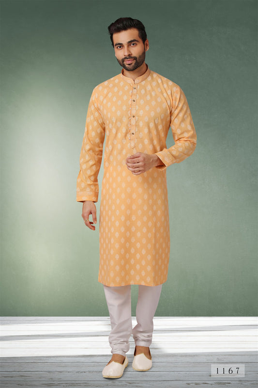 Orange Colour Styles Kurta With Pajama For Mens