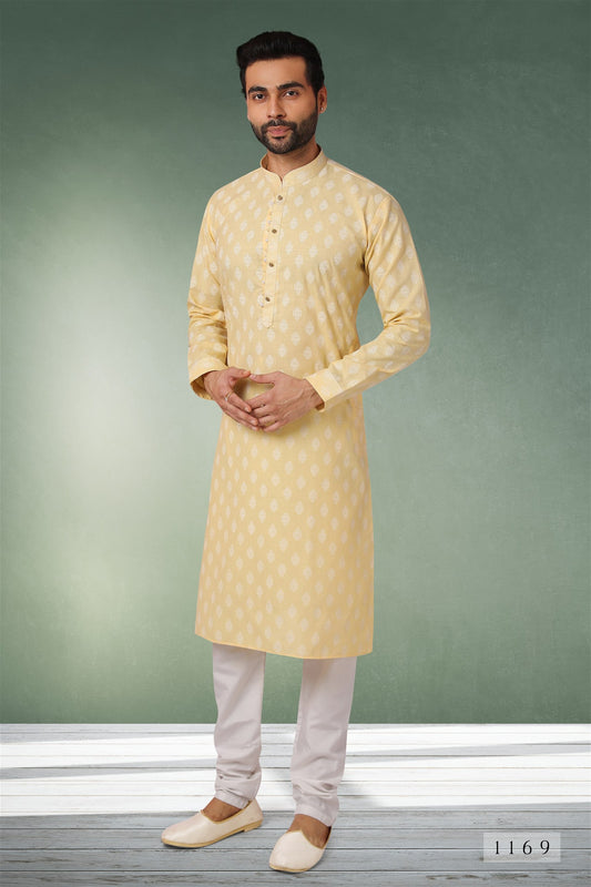 Light Yellow Colour Styles Kurta With Pajama For Mens
