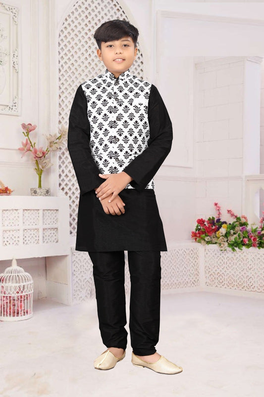 Kid's Black And White Colour Silk Kurta Pajama With Modi Jacket