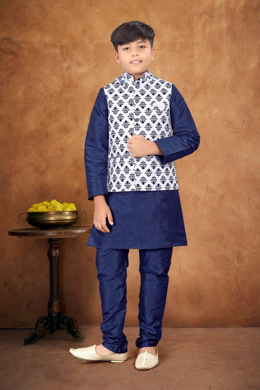 Kid's Blue And White Colour Silk Kurta Pajama With Modi Jacket