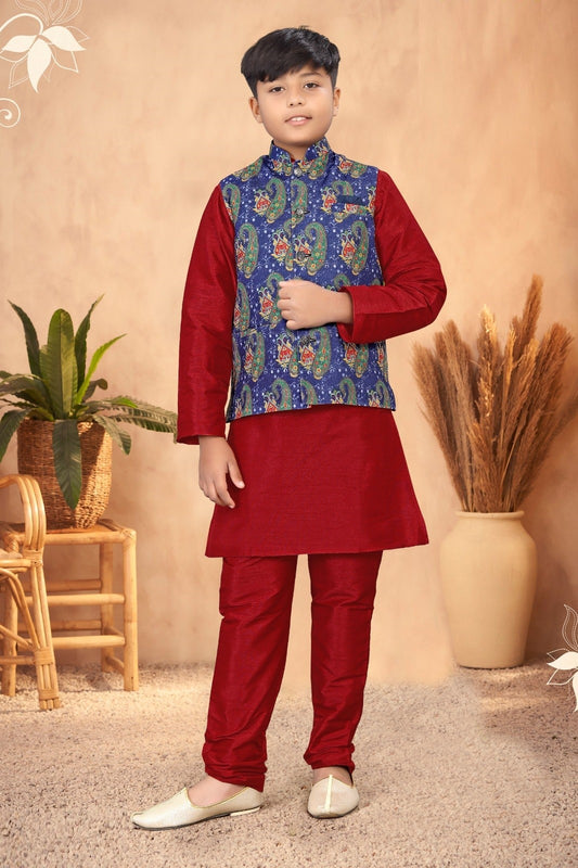 Kid's Red And Blue Colour Silk Kurta Pajama With Modi Jacket