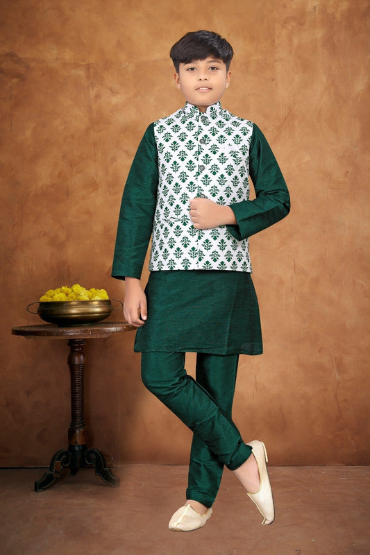 Kid's Green And White Colour Silk Kurta Pajama With Modi Jacket