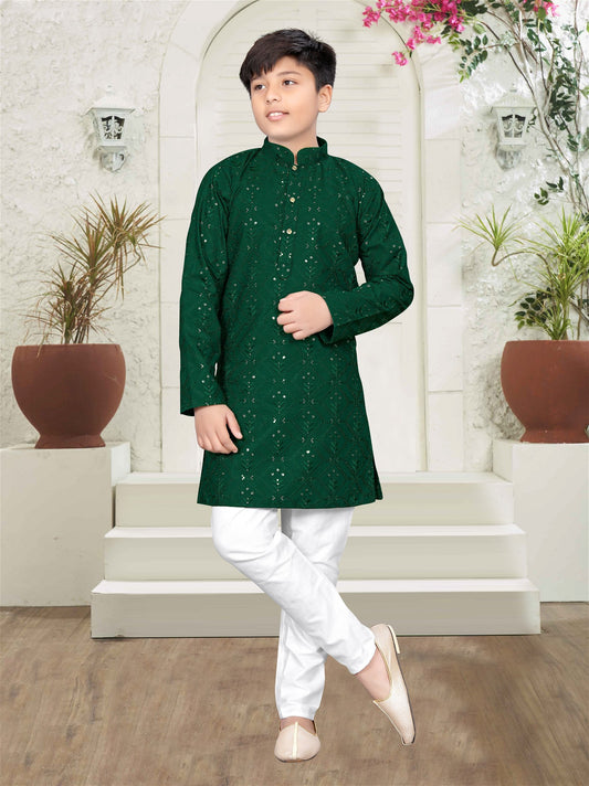Boys Kurta and Pyjama in Green Colour with Embroidered work