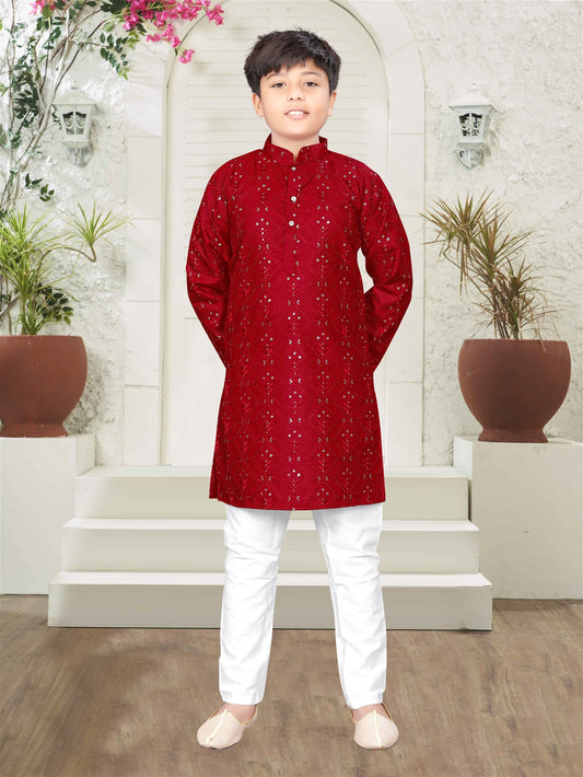 Boys Kurta and Pyjama in Maroon Colour with Embroidered work