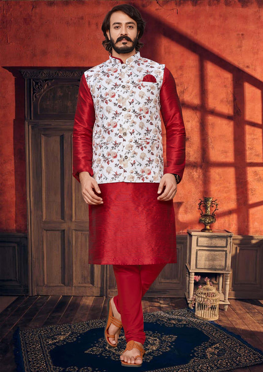 White And Red Colour Mens Function Wear Jacket With Kurta Pajama Collection