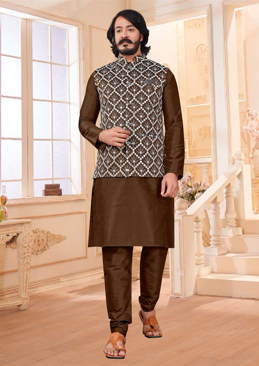 Brown Colour Mens Exclusive Jacket With Kurta Pajama Collection