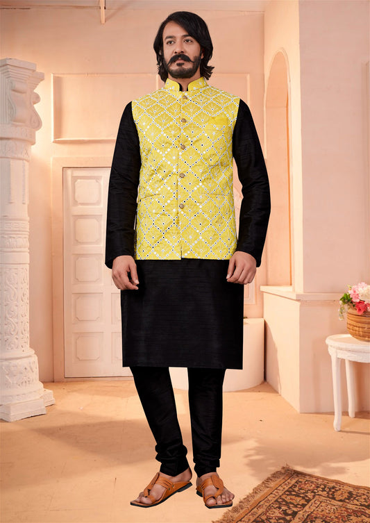 Yellow Colour Mens Exclusive Jacket With Kurta Pajama Collection