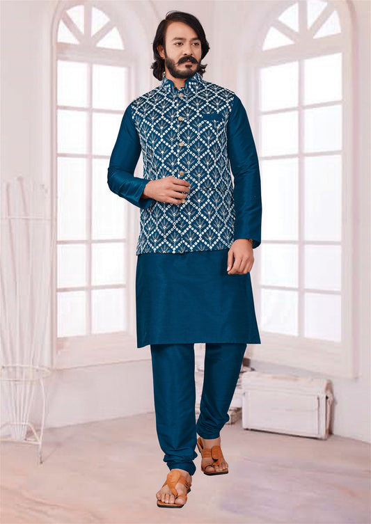 Teal Blue Colour Mens Exclusive Jacket With Kurta Pajama Collection