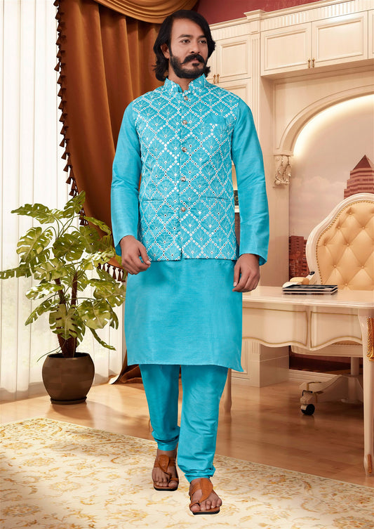 Sky Blue Colour Mens Exclusive Jacket With Kurta Pajama Collection