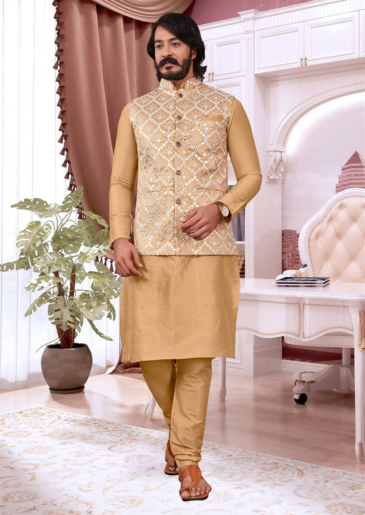 Beige Colour Mens Exclusive Jacket With Kurta Pajama Collection