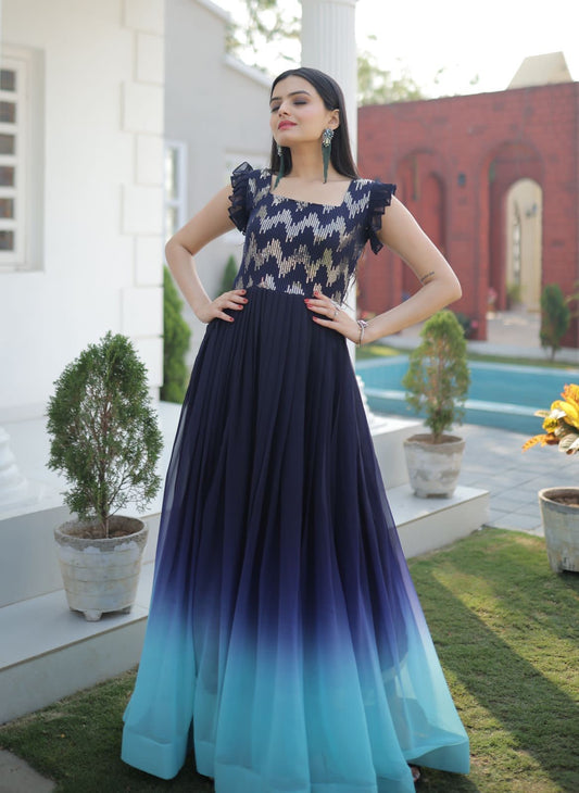 Womens Blue Color Embroidery And Zari Sequins work Party Wear Gown