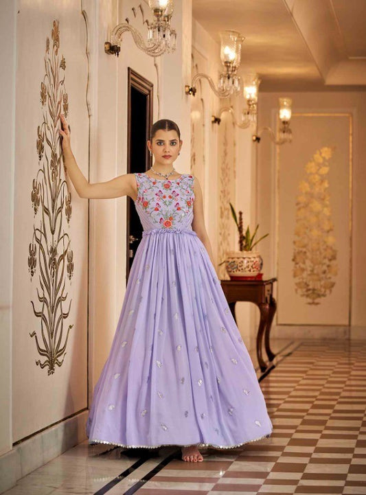 Semi-Stitched Stylish Lavender Floral Embroidered Georgette Long Gown