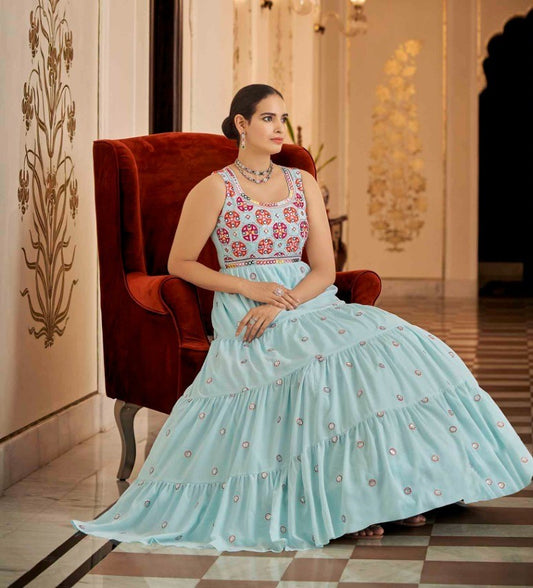 Semi-Stitched Stylish Sky Blue Floral Embroidered Georgette Long Gown