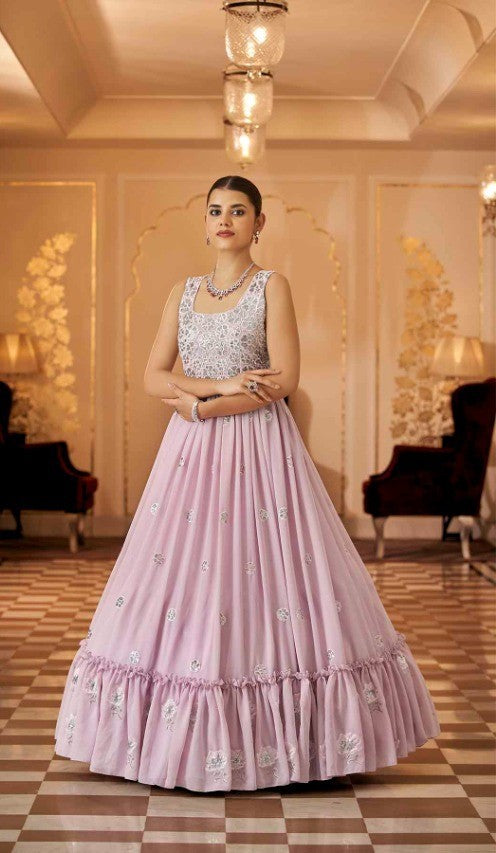 Semi-Stitched Stylish Dusty Pink Floral Embroidered Georgette Long Gown