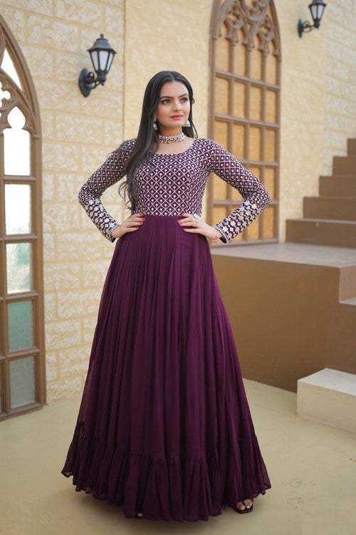 Stylish Purple Colour Sequins With Embroidered Work Faux Georgette Long Gown