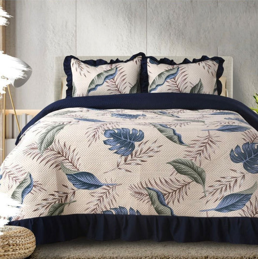 Printed Quilted Bedcover With Frilling On The Three Bedside