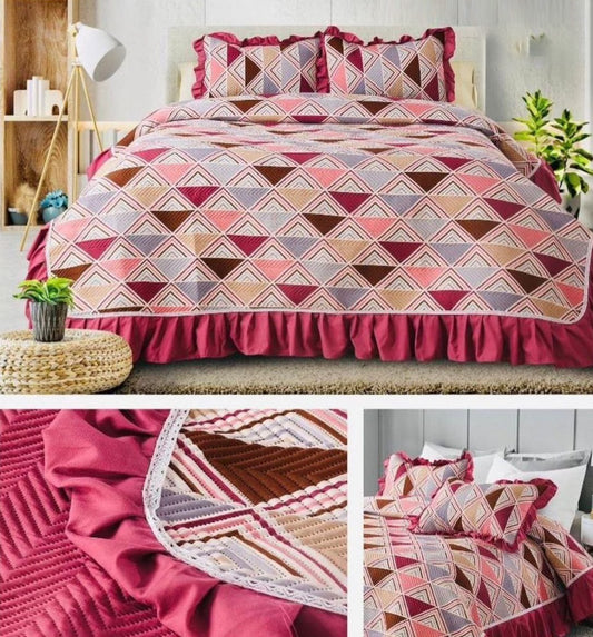 Deep Carmine Printed Quilted Bedcover With Frill On The Three Bedside