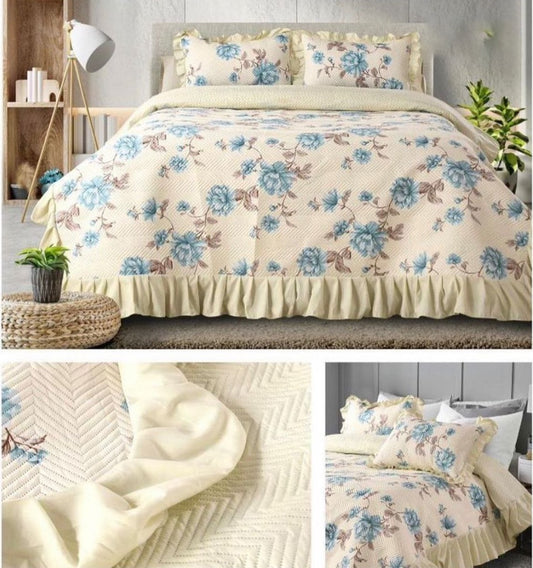 Almond Printed Quilted Bedcover With Frill On The Three Bedside