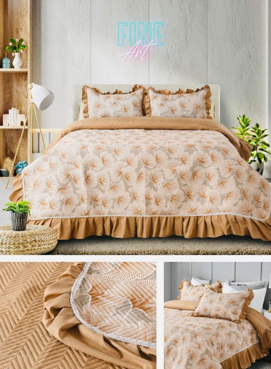 Burly Wood Printed Quilted Bedcover With Frill On The Three Bedside