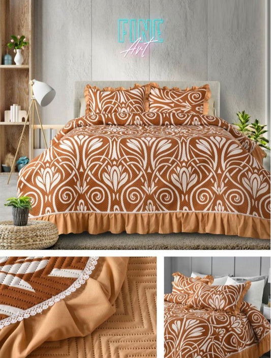 Sepia Skin Printed Quilted Bedcover With Frill On The Three Bedside