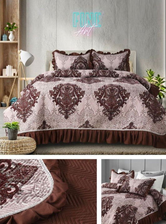 Pink Swan Printed Quilted Bedcover With Frill On The Three Bedside