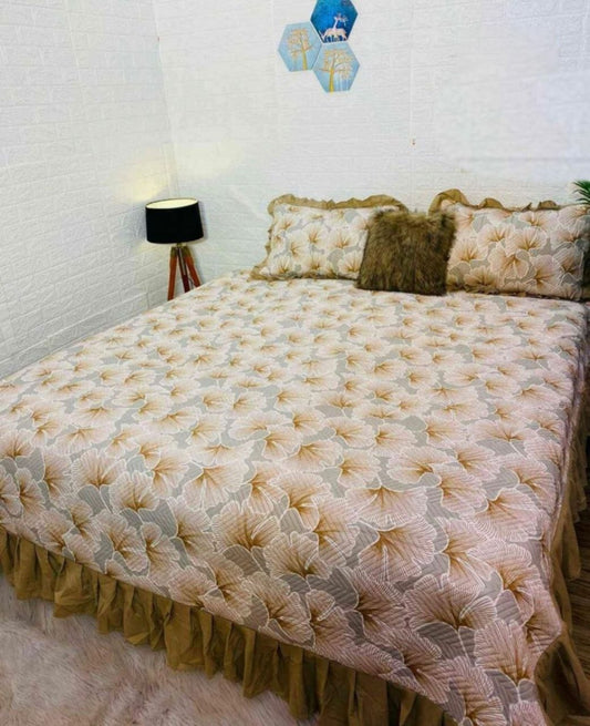 Wood Floral Printed Quilted Bedcover With Frill On The Three Bedside