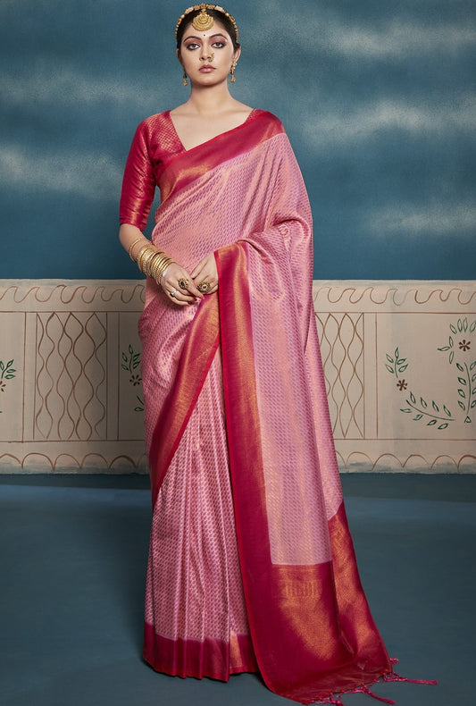 Pink Colour Weaving Kanjivaram Silk Saree With Tassel
