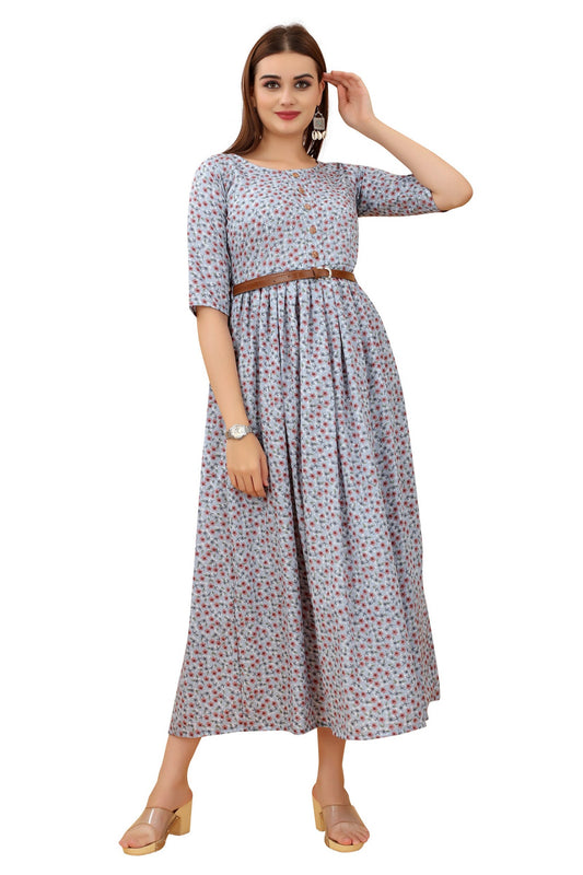 Women's Grey Colour Crepe Printed Casual Wear Dress