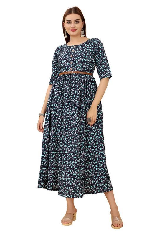 Women's Navy Blue Colour Crepe Printed Casual Wear Dress