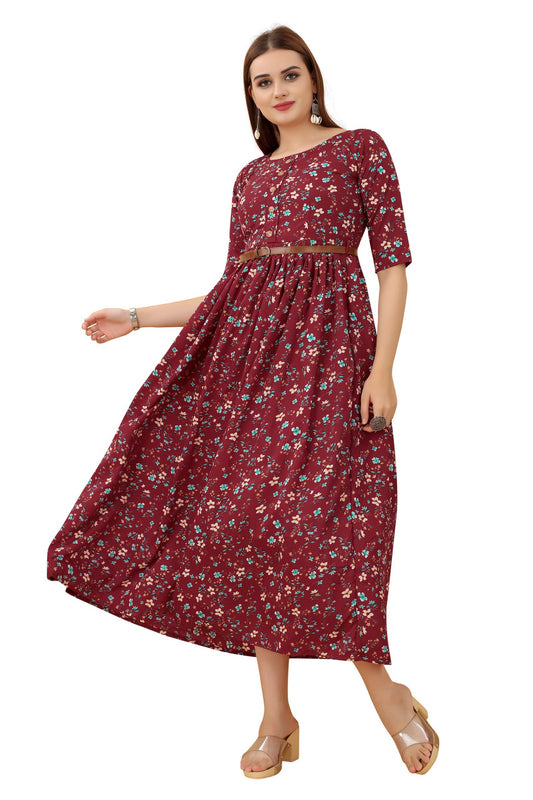 Women's Maroon Colour Crepe Printed Casual Wear Dress