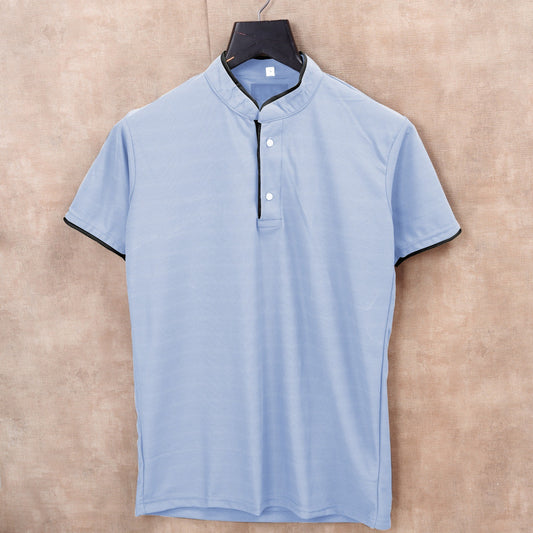 Sky Blue  Men's Solid Mandarin Collar Slim Fit Half Sleeve T-Shirt