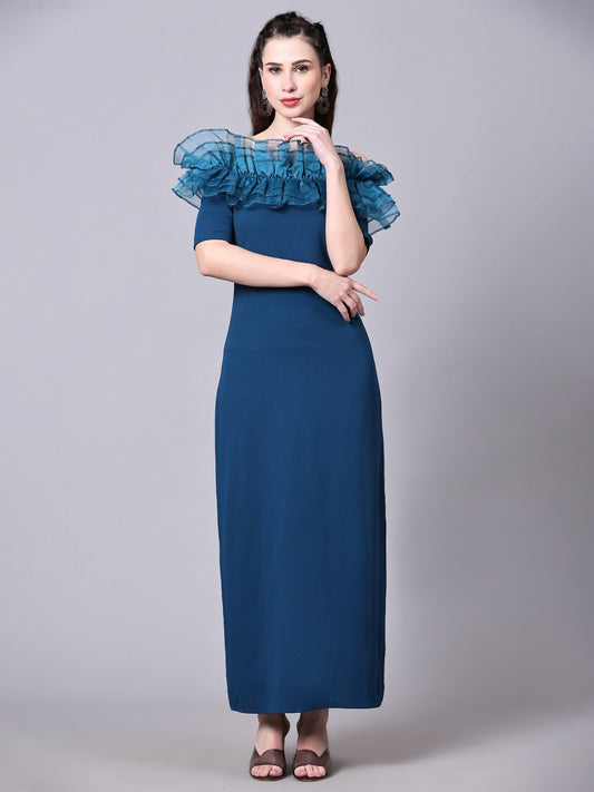 Blue Designer Cotton Lycra Off Shoulder Women's Regular Fit Dress